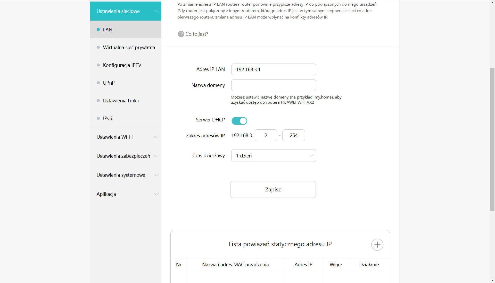 Huawei WiFi AX2 - ustawienia LAN