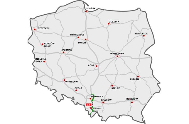 Trasa S1 spina autostradę A1 na wysokości Pyrzowic z polsko-słowackim przejściem granicznym w Zwardoniu
