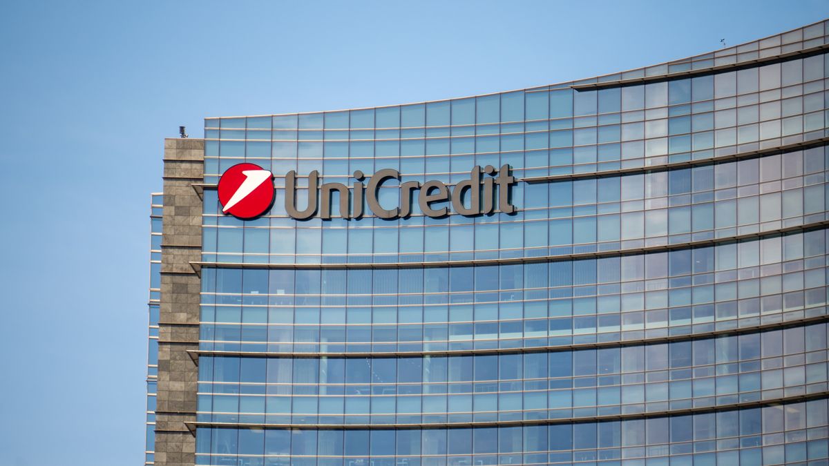 Close-up of the UniCredit Tower, with its iconic curved facade and company logo. Milan (Italy), May 21st, 2019 (Photo by Dimitar Harizanov/Mondadori Portfolio via Getty Images)