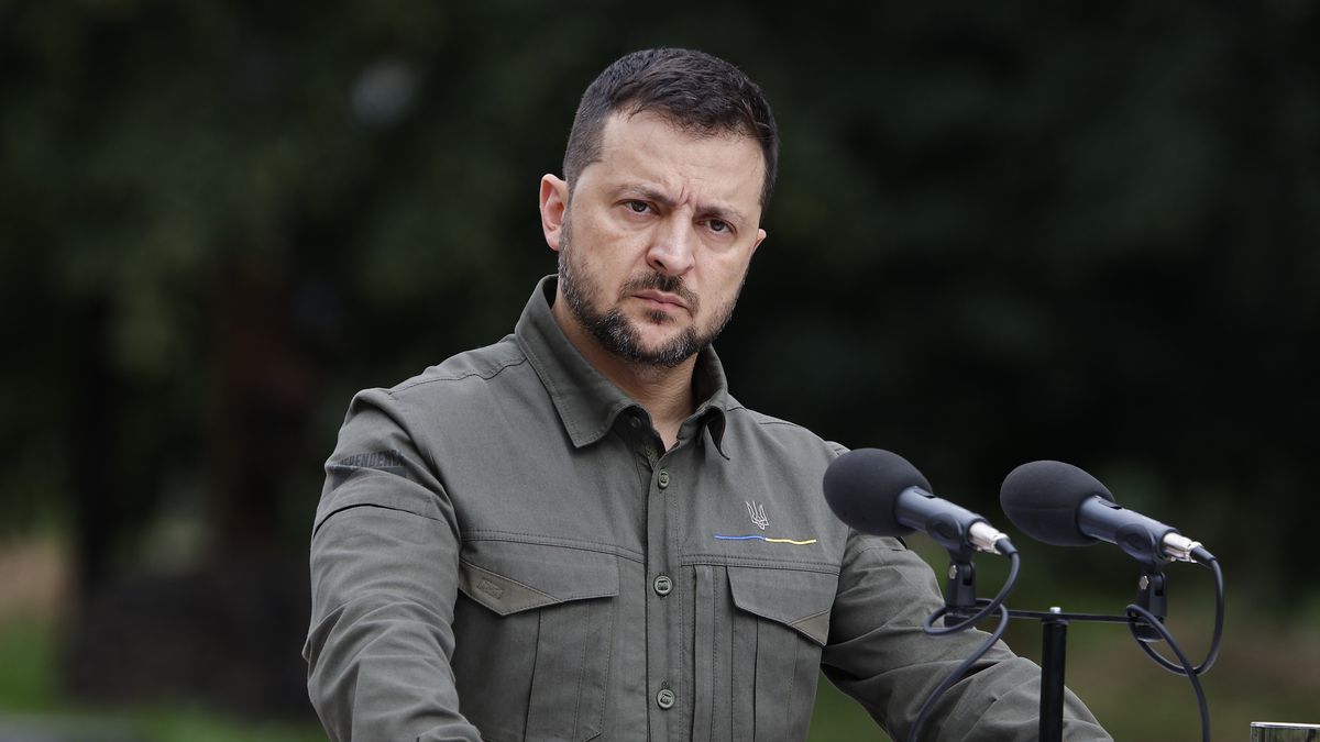 KYIV, UKRAINE – SEPTEMBER 6: President of Ukraine Volodymyr Zelenskyi speaks during a joint press conference with Prime Minister of Denmark Mette Frederiksen (not pictured) on September 6, 2023 in Kyiv, Ukraine. President of Ukraine Volodymyr Zelenskyi discussed the new defense aid package with the Prime Minister of Denmark, Mette Frederiksen. Besides ammunition and military equipment, Denmark trains Ukrainian pilots and aircraft maintenance technicians of F-16 fighter jets, which will be provided to Ukraine after personnel training. (Photo by Yan Dobronosov/Global Images Ukraine via Getty Images)