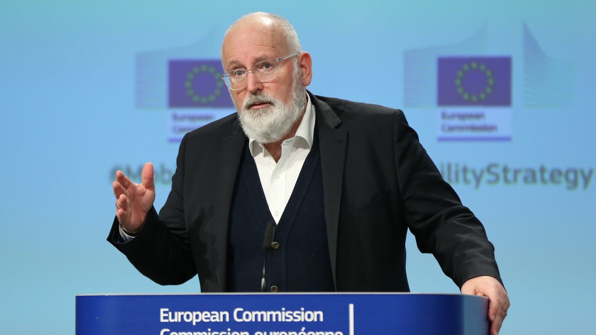 BRUSSELS, BELGIUM - DECEMBER 09: EU European Commission vice-president Frans Timmermans and EU Transport Commissioner Adina Valean (not seen) hold a press conference on 'Sustainable and Smart Mobility Strategy' in Brussels, Belgium on December 09, 2020. (Photo by Dursun Aydemir/Anadolu Agency via Getty Images)