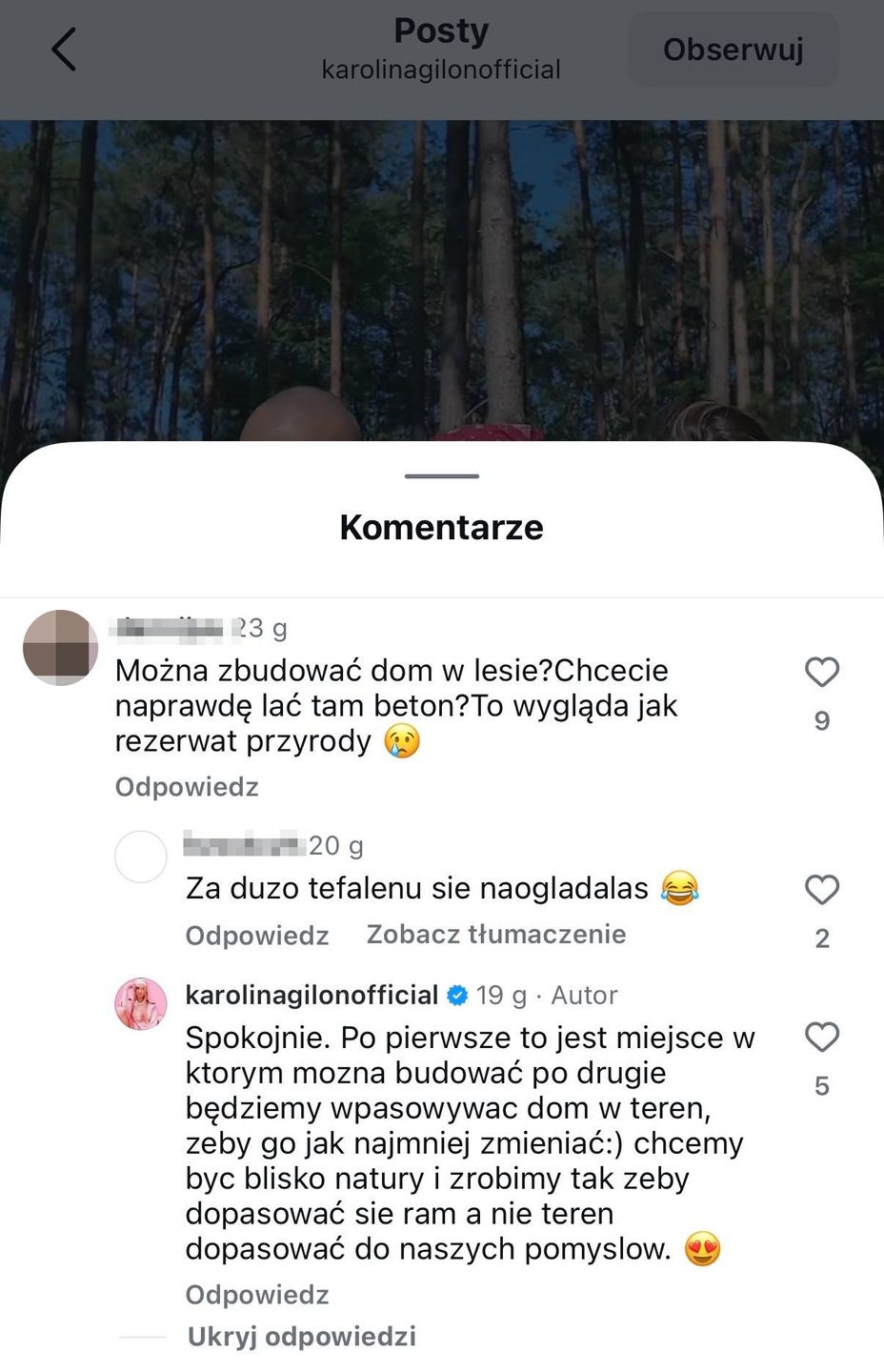 Karolina Gilon odpowiada na komentarz 