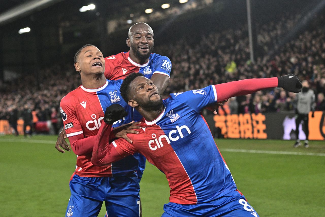 LONDON, ENGLAND - FEBRUARY 12: Jefferson Lerma of Crystal Palace celebrates with Matheus Franca and Jean-Philippe Mateta after scoring a goal during the Premier League match between Crystal Palace and Chelsea FC at Selhurst Park on February 12, 2024 in London, United Kingdom. (Photo Sebastian Frej/MB Media/Getty Images)