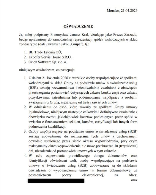 Oświadczenie prezesa Krala ws. zatrudnienia w Zondacrypto