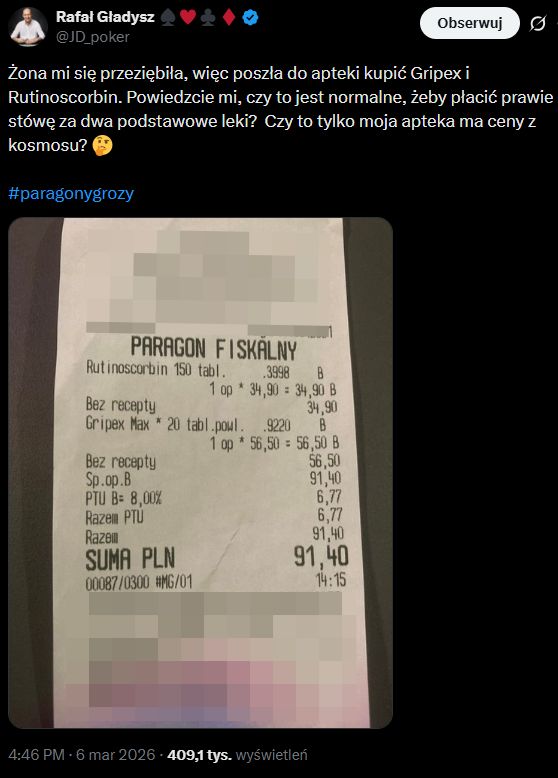 Pokazał paragon z apteki.