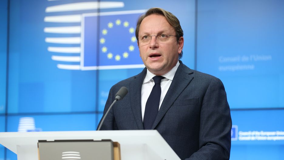 BRUSSELS, BELGUM - DECEMBER 7: EU-Commissioner for Neighbourhood and Enlargement Oliver Varhelyi, High Representative of the European Union for Foreign Affairs and Security Policy Josep Borrell (not seen), Prime Minister of Kosovo, Albin Kurti (not seen) hold a joint press conference after attending the EU-Kosovo Stabilisation and Association Council meeting in Brussels, Belgium on December 07, 2021. (Photo by Dursun Aydemir/Anadolu Agency via Getty Images)
