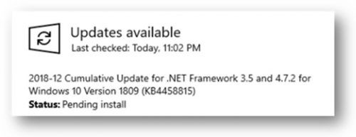 Przykład powiadomienia o nowej aktualizacji zbiorczej dla .NET, źródło: Microsoft.