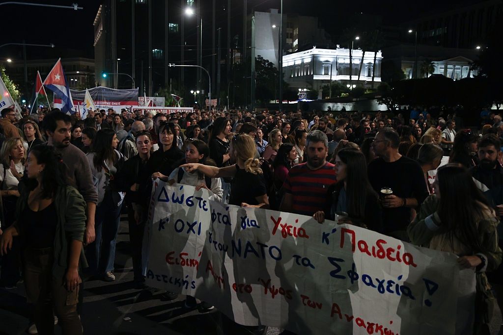 Anti-war protest held in Athens ahead of Marco Rubio visit
ATHENS, GREECE - OCTOBER 06: Demonstrators hold banners and placards during an anti-war protest in central Athens ahead of a planned visit by US Secretary of State Marco Rubio, on October 06, 2026 in Athens, Greece. Protesters gathered at Propylaea before marching toward the US Embassy, while police set up barricades on Vasilissis Sofias Avenue and prevented the group from reaching the diplomatic mission. (Photo by Ayhan Mehmet/Anadolu via Getty Images)
Anadolu
athens, us secretary of state