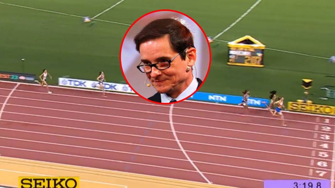 Twitter / TVP Sport / WP SportoweFakty / Krzysztof Porębski / Na zdjęciu: Moment finiszu biegu na 4x400 metrów. W kółku Przemysław Babiarz.