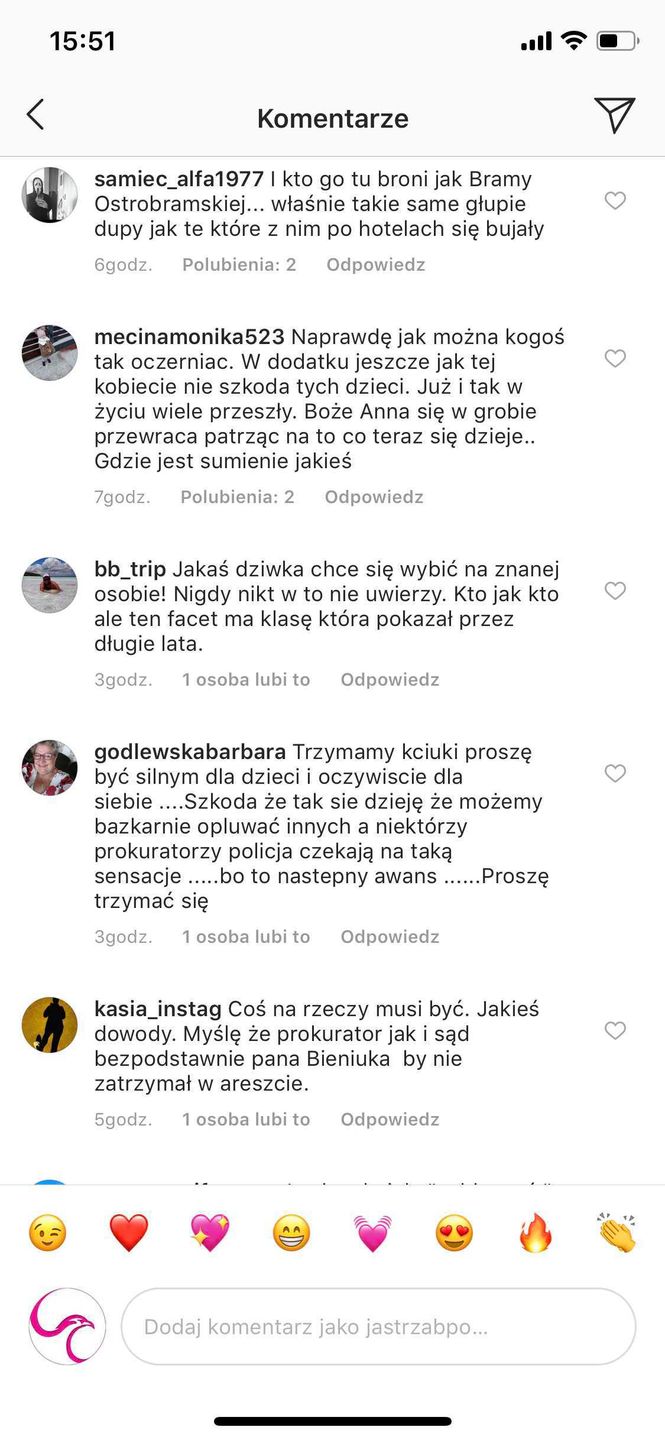 Wybrane komentarze na Instagramie Jastrząb Post nt. Jarosława Bieniuka