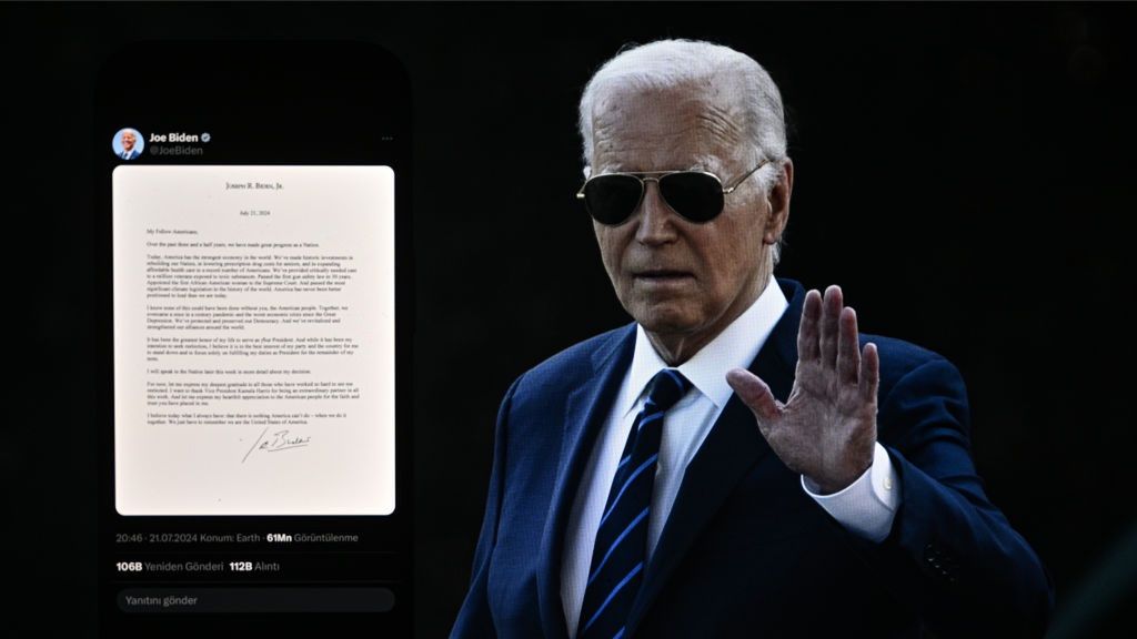 Biden withdraws from US presidential race
ANKARA, TURKIYE - JULY 21: The letter in which U.S. President Joe Biden announced his withdrawal from candidacy is being displayed on a mobile phone screen in front of a computer screen displaying a photo of President Biden on July 21, 2024 in Ankara, Turkiye. (Photo by Muhammed Abdullah Kurtar/Anadolu via Getty Images)
Anadolu
announces, letter, declared, harris, withdrawal, biden, elections, presidential race, withdraws, withdraw, x account, joe biden, trump