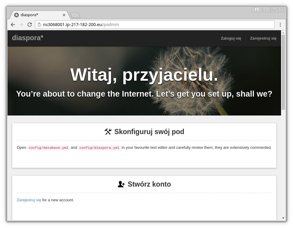 Diaspora po zainstalowaniu – czas na konfigurację poda