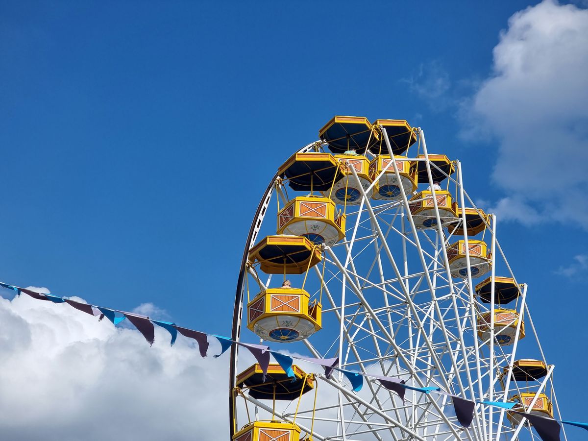 Poland, Rabka Zdroj, Rabkoland amusement park, funfair, Ferris wheel with open gondolas, blue cloudy sky. Fairground symbol, entertainment
view, carnival, summer, abstract, amusement, amusement park, attraction, big, blue, blue sky, bright, clouds, colorful, daytime, detail, enjoyment, entertainment, europe, event, fair, fairground, ferris, ferris wheel, festival, fun, funfair, happy, huge, joy, leisure, open, outdoor, park, poland, polish, rabka zdroj, rabka zdrój, rabkoland, recreation, recreational, ride, rotating, simple, sky, sun, symbol, tall, theme park, vintage, wheel