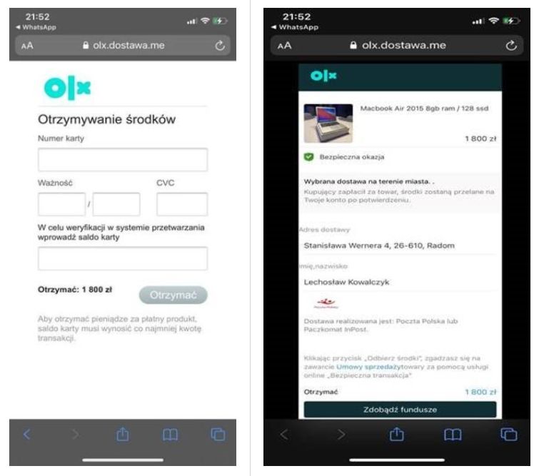 Przykładowe, fałszywe strony związane z płatnościami OLX, fot. mBank.