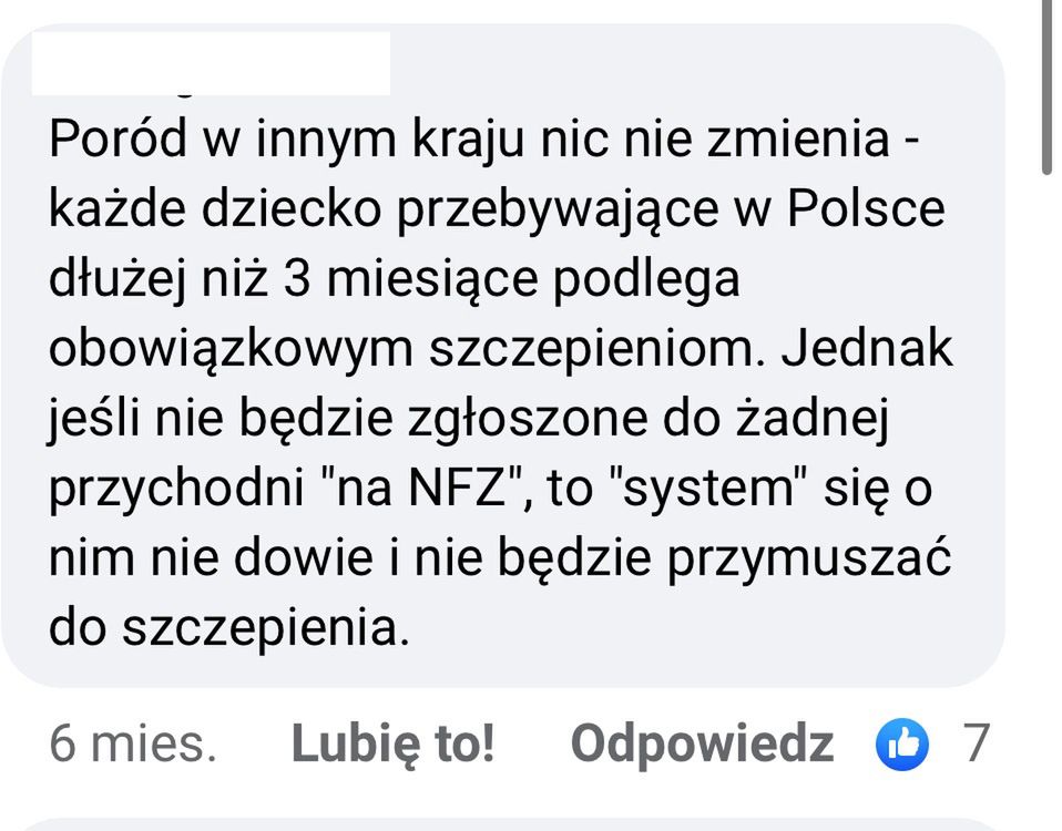 Post z grupy antyszczepionkowców