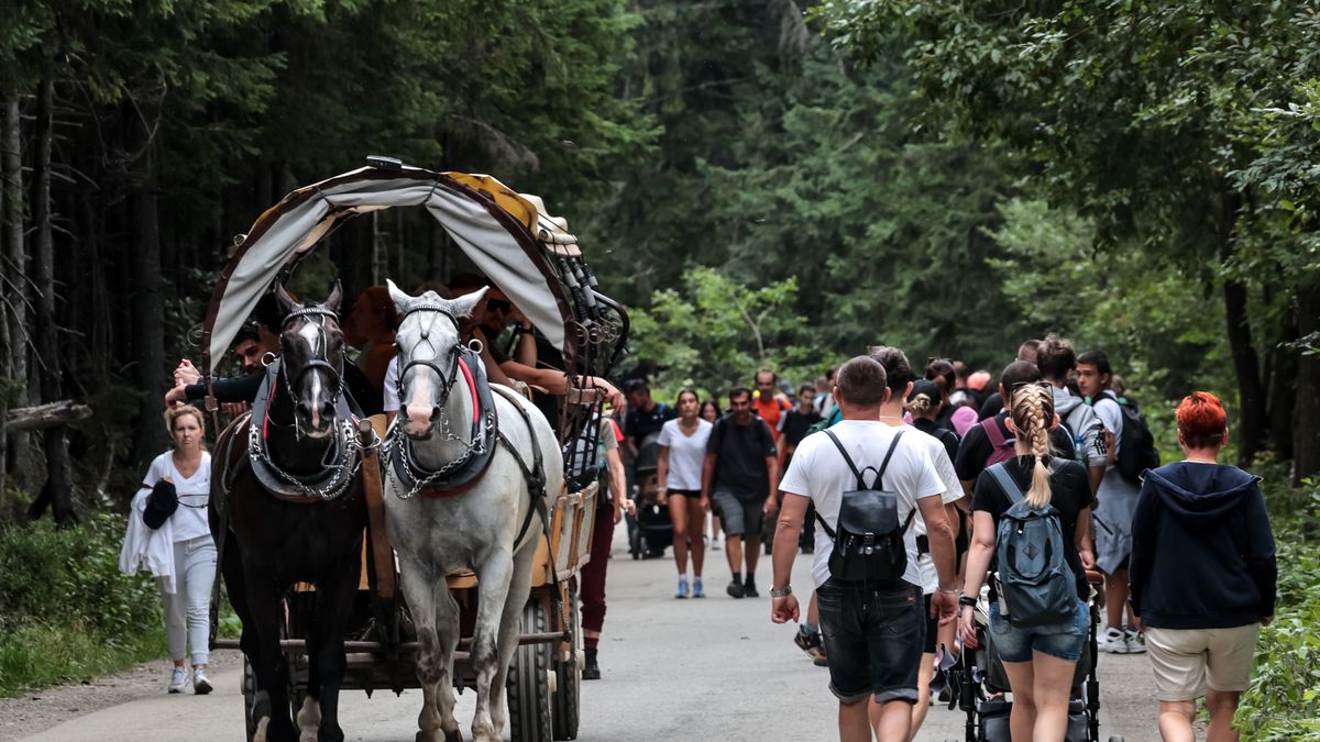 ZAKOPANE, MALOPOLSKIE, POLAND - 2025/08/29: Crowds of tourists hike and a horse carriage rides on a path to Morskie Oko (The Sea Eye Lake) in Tatra National Park on the last weekend of school summer holidays. The Polish part of Tatra National Park welcomed 5.1 million visitors in 2024, with tourists coming mainly from Poland, the Czech Republic, Arab countries, and Ukraine. From January to June 2025, the park already recorded nearly 3 million visitors, over a million more than the same period in 2024. This sharp increase suggests the park is likely to surpass its 2024 record of 5.1 million visitors by the end of 2025. (Photo by Dominika Zarzycka/SOPA Images/LightRocket via Getty Images)