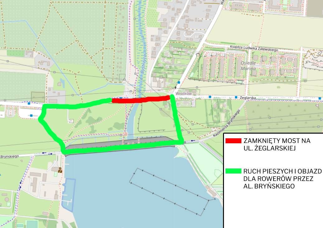 Zamknięty most na ul. Żeglarskiej - ruch pieszych i objazd dla rowerów