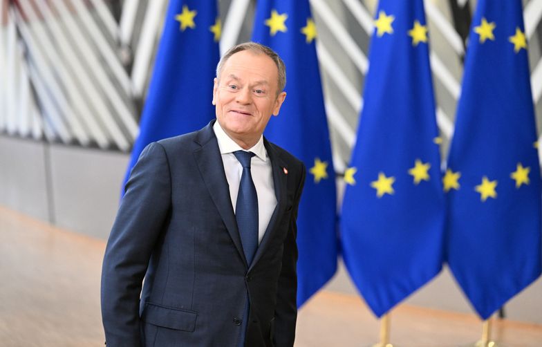 BRUSSELS, BELGIUM - FEBRUARY 01: Polish Prime Minister Donald Tusk speaks to the press ahead of special European Council meeting at the European headquarters in Brussels, Belgium on February 01, 2024. EU leaders are gathering in Brussels on Thursday as part of a special European Council meeting to discuss 'pressing issues,' including the war in Ukraine and Multiannual Financial Framework. (Photo by Dursun Aydemir/Anadolu via Getty Images)