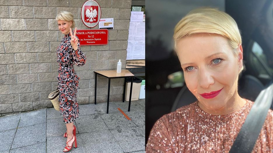 Z lewej: Małgorzata Kożuchowska pod komisją wyborczą w Warszawie