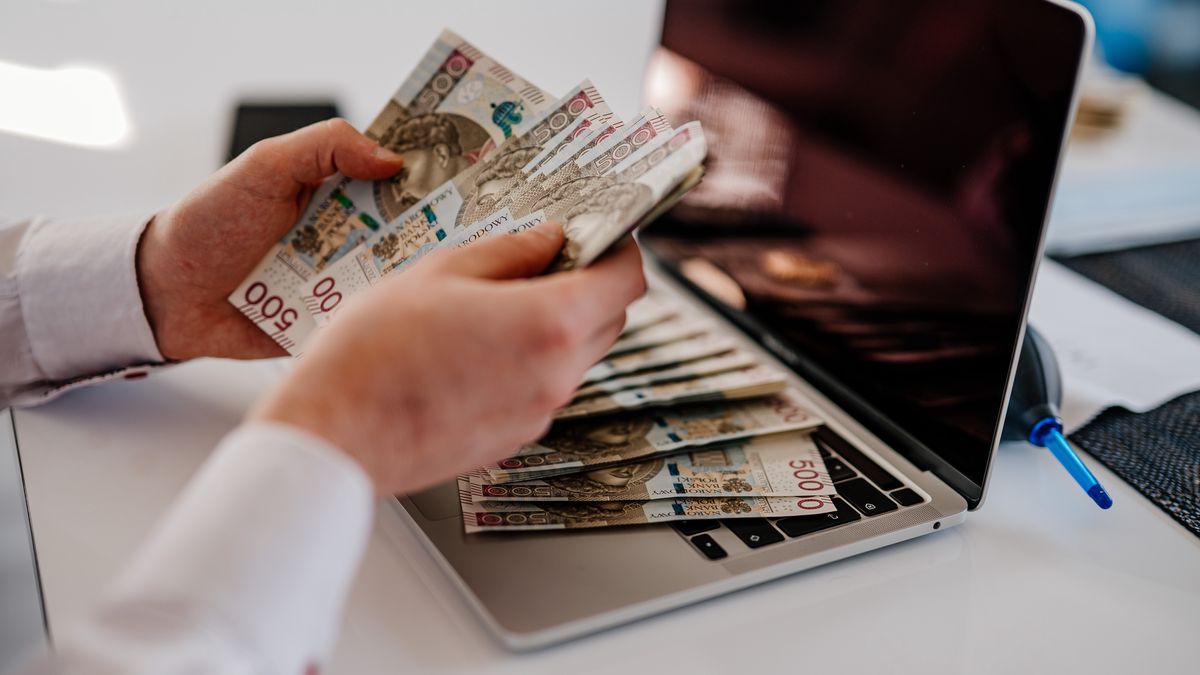 Na zdjęciu osoba przed laptopem licząca banknoty 500-złotowe