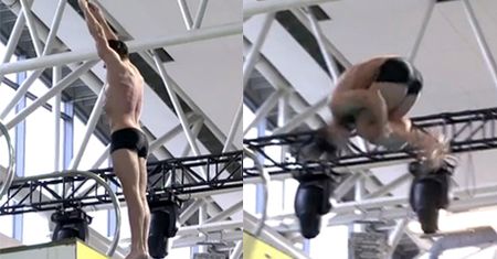 Umięśniony Cypryański robi salto 7,5 meta nad wodą!