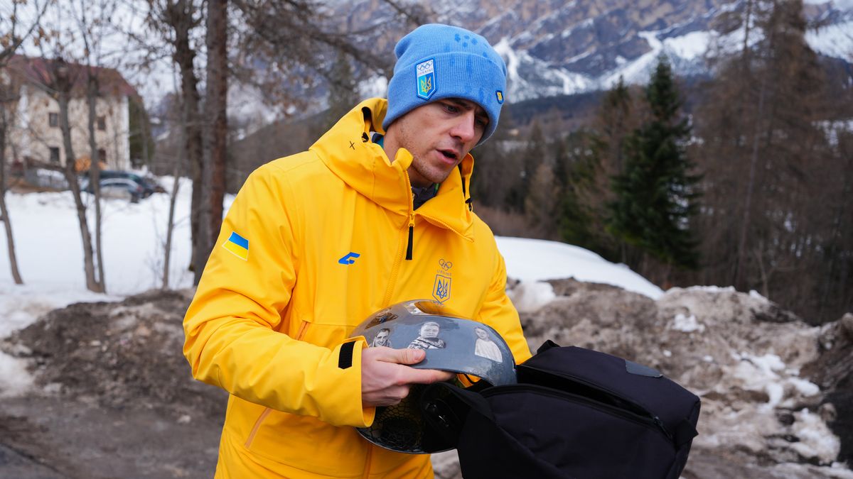 Ukraine's Vladyslav Heraskevych, with his helmet, which features pictures of people killed in the war with Russia. Heraskevych was ruled out of the Men's Skeleton event by the International Olympic Committee just over an hour before competition began, pictured at the Cortina Sliding Centre, on day six of the Milano Cortina 2026 Winter Olympics, Italy. Picture date: Thursday February 12, 2026. (Photo by Andrew Milligan/PA Images via Getty Images)