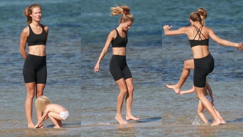Julia Pietrucha dokazuje z córką na plaży