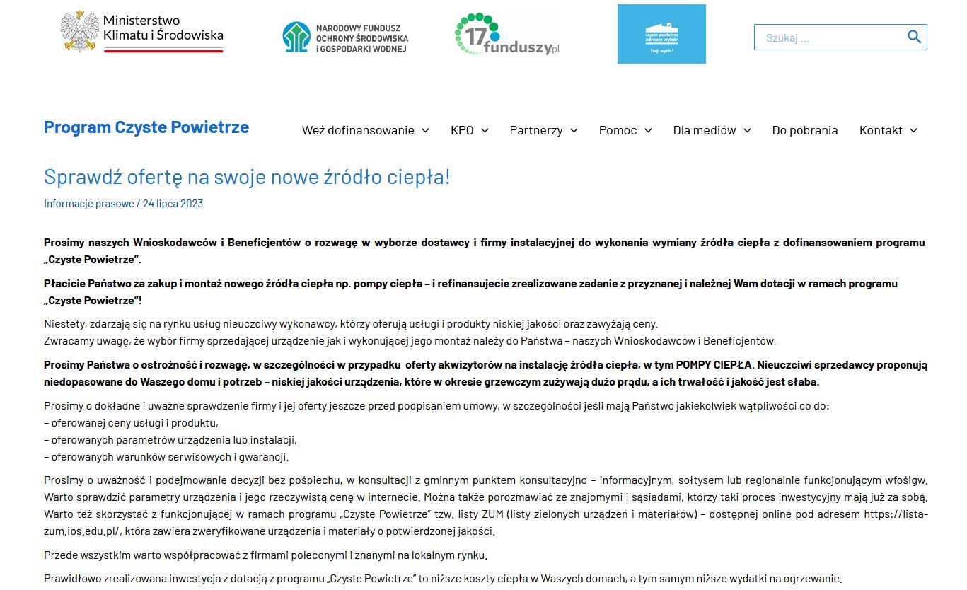 Na stronie programu Czyste Powietrze pojawił się nowy komunikat.