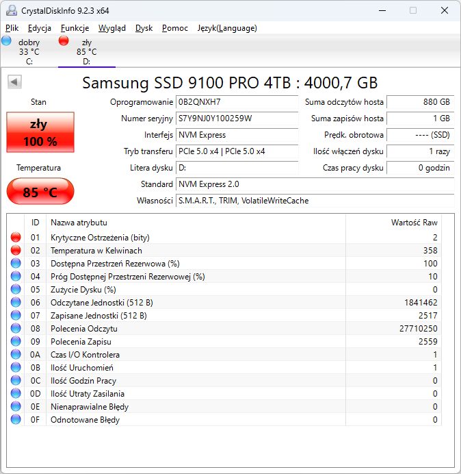 Samsung 9100 PRO 4 TB - temperatury bez radiatora