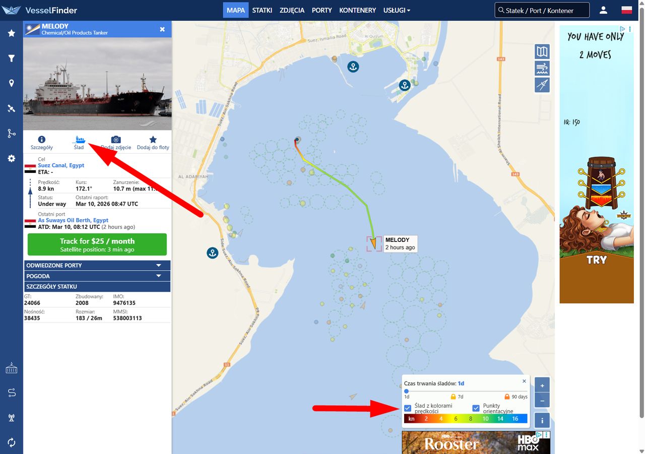 Ślad trasy w VesselFinder