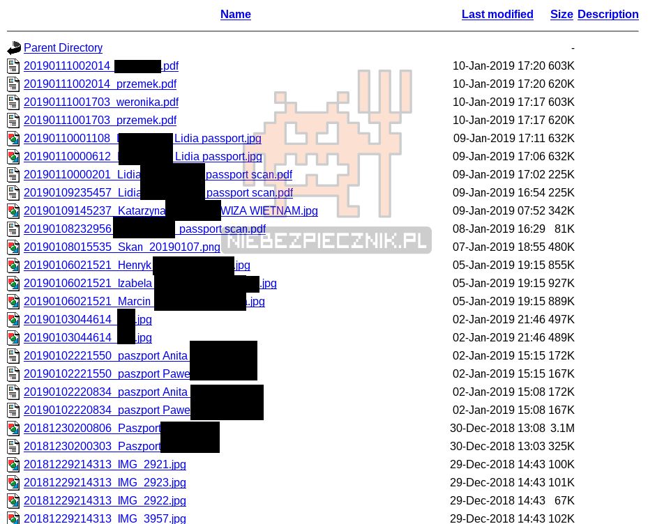 Fragment listy plików ze skanami paszportów, źródło: Niebezpiecznik.