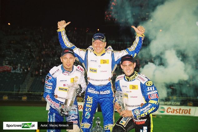 Podium SGP w Chorzowie z 2003 roku. Na czwartym miejscu uplasował się wówczas Tomasz Gollob