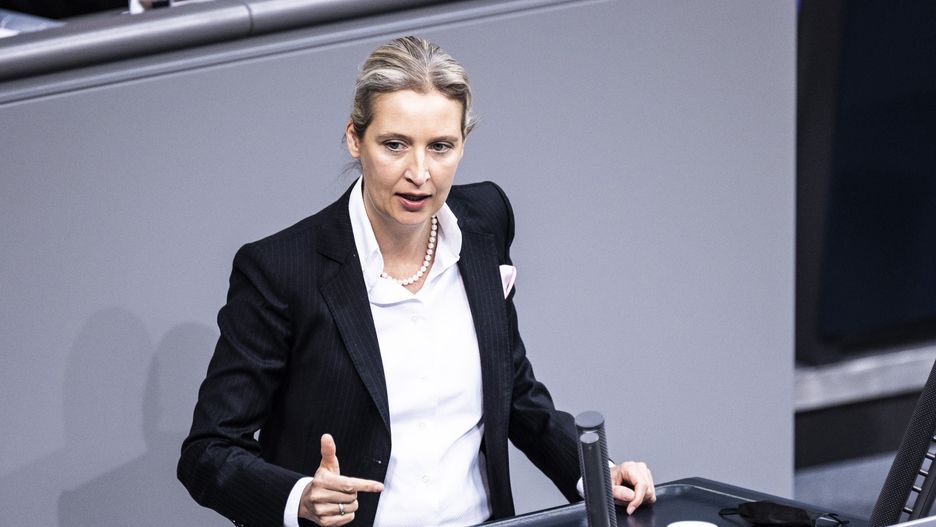BERLIN, GERMANY - DECEMBER 15: Alice Weidel, Parliamentary group co-leader of the right-wing Alternative for Germany (AfD) political party, is pictured during the meeting of the German Bundestag on December 15, 2021 in Berlin, Germany. One week after swearing-in Federal Chancellor Olaf Scholz gives a government declaration. (Photo by Florian Gaertner/Photothek via Getty Images)