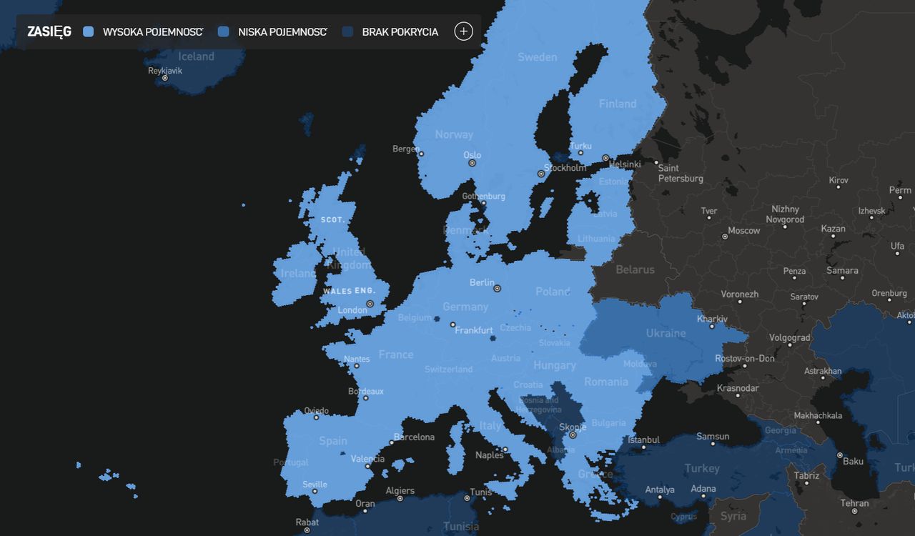 Fragment mapy zasięgu internetu Starlink