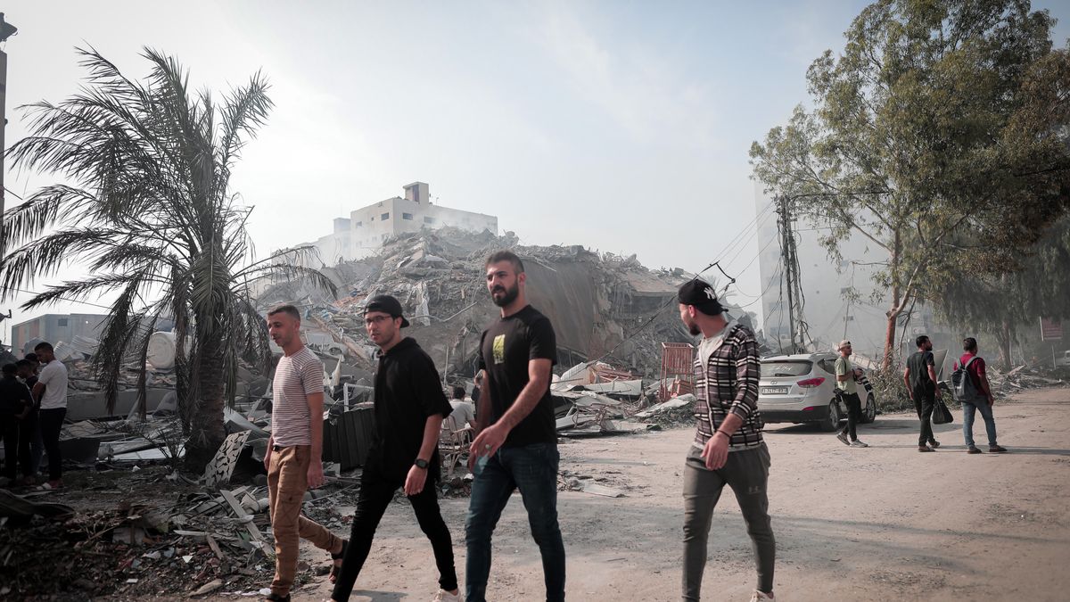 Israel-Palestine War
Palestinians inspect the ruins of Watan Tower destroyed in Israeli airstrikes in Gaza city, on October 8, 2023. Fighting between Israeli forces and the Palestinian militant group Hamas raged on October 8, with hundreds killed on both sides (Photo by Momen Faiz/NurPhoto via Getty Images)
NurPhoto
palestine, gaza, nurphoto, palestinians, ruins, watan tower, destroyed, israeli airstrikes, october 8, israeli forces, palestinian militant group, hamas, raged, hundreds killed, both sides, momen faiz, warfare, casualties, inspection, military action, unrest, tension, attack, retaliation, defense, photojournalism.