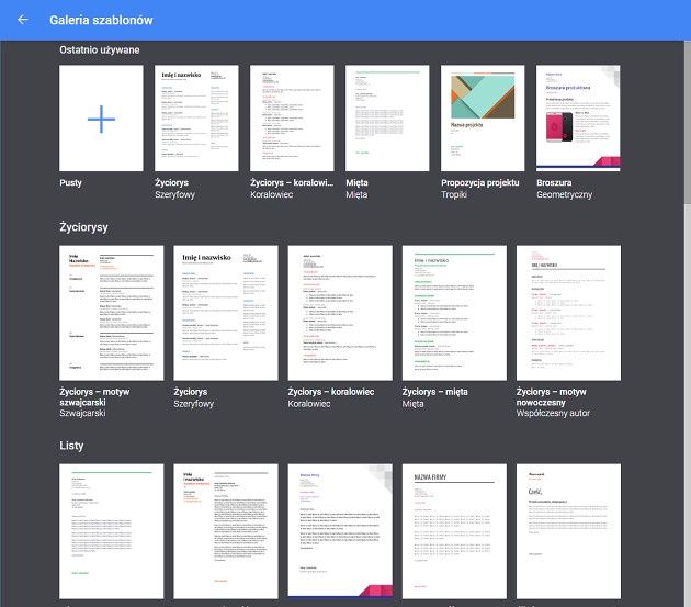 Google Docs szablony