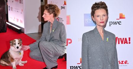 Orły 2025. Dawno niewidziana Agata Buzek przybyła na galę w połyskującym garniturze. Aktorce towarzyszył pies