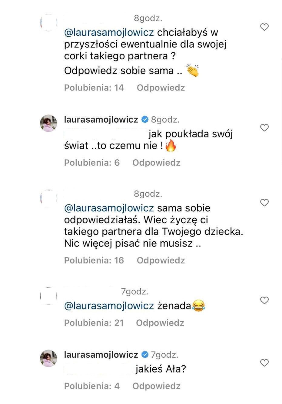Laura Samojłowicz dyskutuje z internautam pod postem Królikowskiego