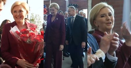 Agata Duda u boku męża nawiedza Kanadę w BURGUNDOWYM garniturze. Ładnie się prezentowała? (ZDJĘCIA)
