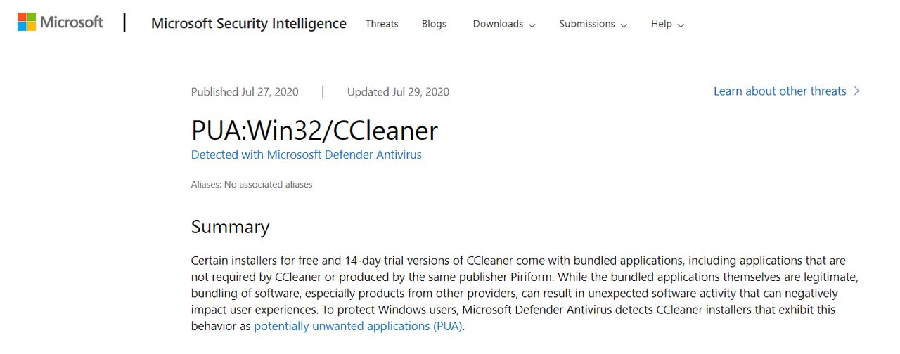 PUA:Win32/CCleaner, źródło: Microsoft.