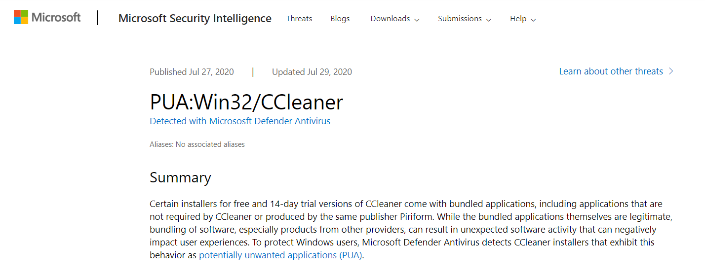 PUA:Win32/CCleaner, źródło: Microsoft.
