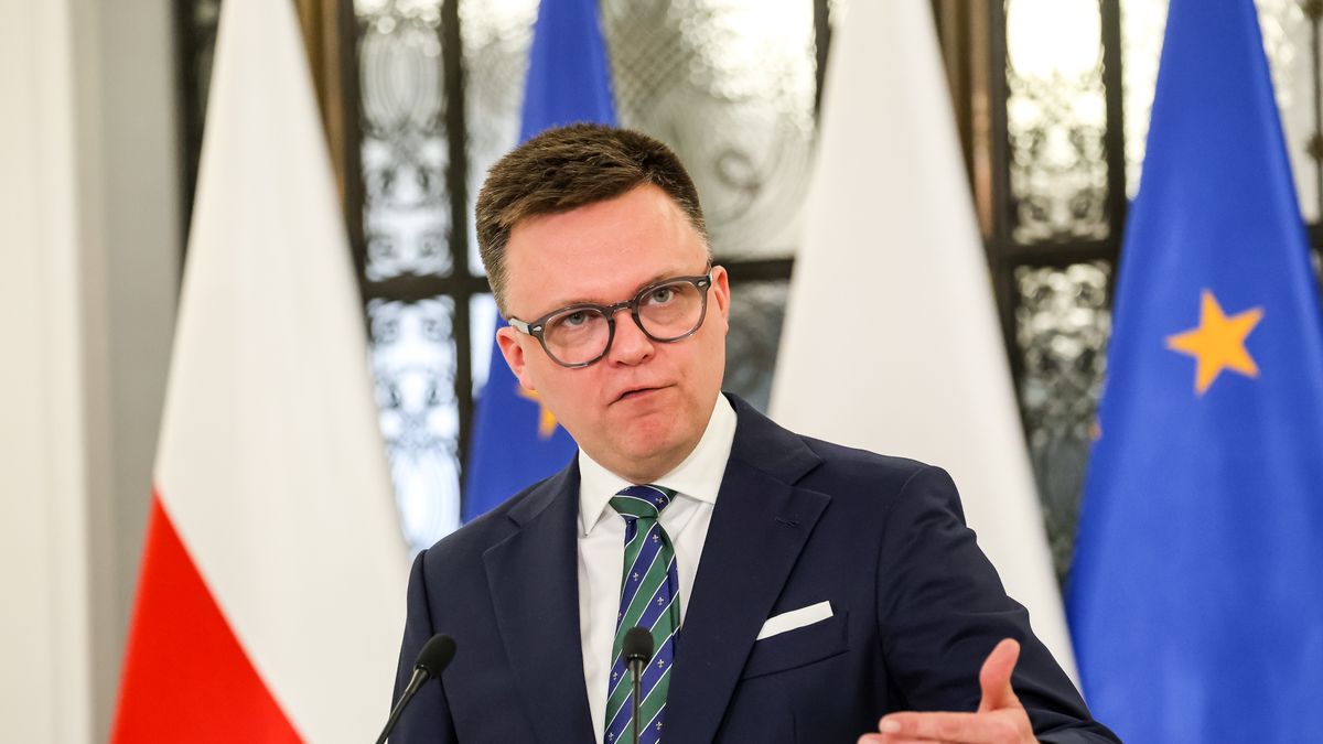 WARSAW, POLAND - 2024/04/24: The Speaker of Polish Parliament, Szymon Holownia speaks at a press conference during the 10th session of Polish Parliament in the Parliament building on Wiejska Street. The parliament discusses controversial issues of the rule of law. (Photo by Dominika Zarzycka/SOPA Images/LightRocket via Getty Images)