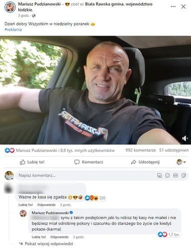 Mocna riposta Mariusza Pudzianowskiego (Facebook/Mariusz Pudzianowski)