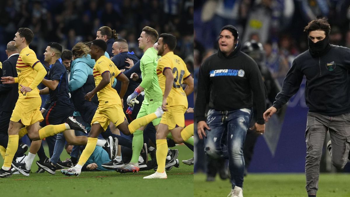 Zdjęcie okładkowe artykułu: Getty Images / Uciekający piłkarze Barcelony i pseudofani Espanyolu, którzy wbiegli na murawę