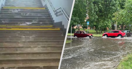 Kaskada wody na schodach. Nad miastem przeszła nawałnica