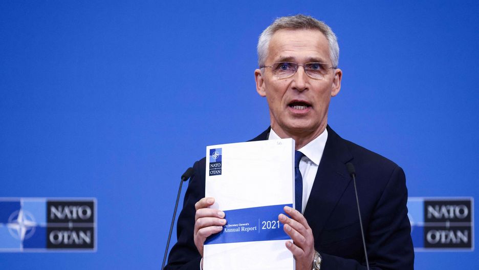 TemporaryNATO General Secretary Jens Stoltenberg speaks during a press conference to present North Atlantic Treaty Organization (NATO)'s Annual Report for 2021 at the NATO headquarters in Brussels on March 31, 2022. (Photo by Kenzo TRIBOUILLARD / AFP)KENZO TRIBOUILLARD