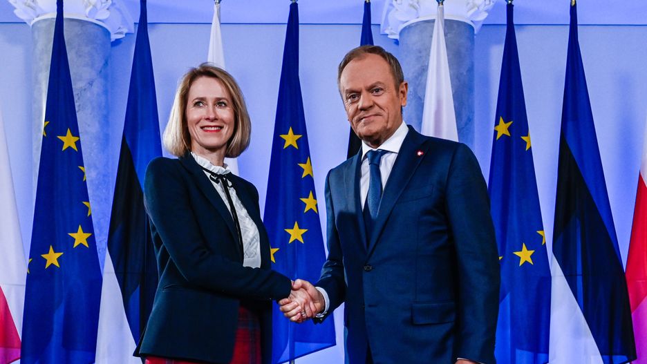 WARSAW, POLAND - APRIL 11: Poland's Prime Minister, Donald Tusk (R) welcomes, Estonia's Prime Minister, Kaja Kallas (L) ahead of a bilateral meeting at the Prime Minister Chancellery on April 11, 2024 in Warsaw, Poland. (Photo by Omar Marques/Anadolu via Getty Images)