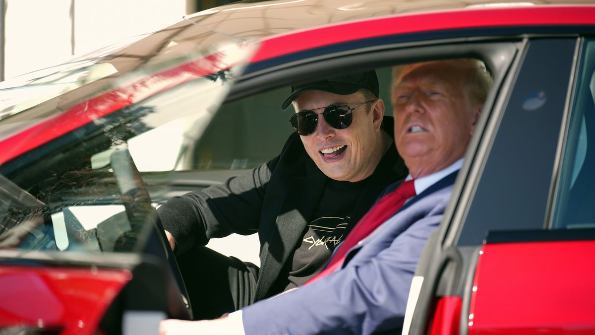 WASHINGTON, DC - MARCH 11: U.S. President Donald Trump and White House Senior Advisor, Tesla and SpaceX CEO Elon Musk sit in a Model S on the South Lawn of the White House on March 11, 2025 in Washington, DC. Trump spoke out against calls for a boycott of Elon Musk’s companies and said he would purchase a Tesla vehicle in what he calls a ‘show of confidence and support’ for Elon Musk. (Photo by Andrew Harnik/Getty Images)