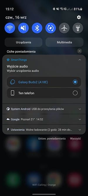 Galaxy Buds 2 w menu powiadomień