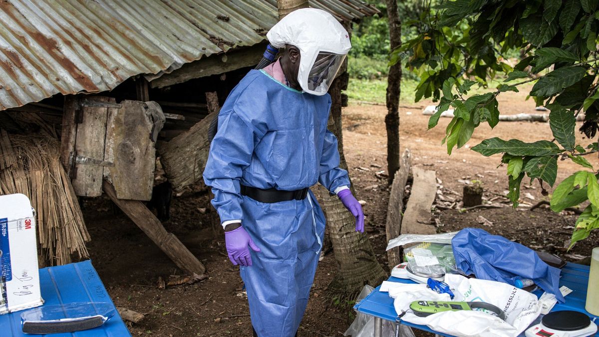 Gorczka Lassa w Afryce Zachodniej
James Koninga (C), head of the ecology team at the Kenema Government Hospital is seen with his personal protective equipment in Mapuma village outside Kenema on June 12, 2024. Researchers are studying Lassa fever, a viral hemorrhagic disease endemic to several West African countries and transmitted by rodents. In remote villages like Mapuma, where some 20 houses lie enveloped by dense forest, monitoring the rodent population is crucial as residents come in close contact with the rats almost daily. The rats burrow through the walls of the mud houses for shelter and food. (Photo by JOHN WESSELS / AFP)
JOHN WESSELS